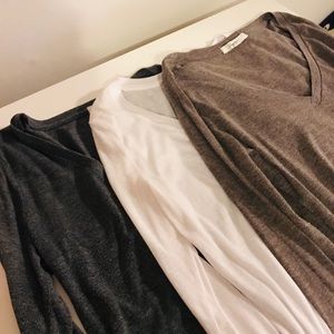 3 V-Neck Long Sleeve Tops. White, Brown, Grey